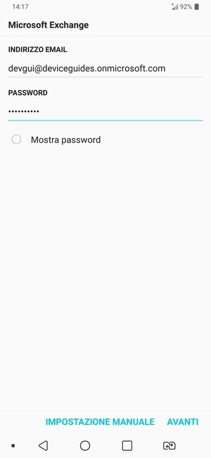 Inserisci il tuo indirizzo email e password. Seleziona IMPOSTAZIONE MANUALE