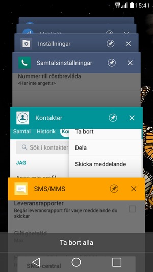 Välj Ta bort alla för att stänga alla appar som körs