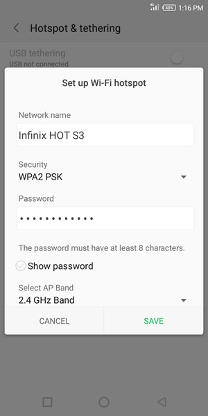 Enter a Wi-Fi hotspot password of at least 8 characters and select SAVE