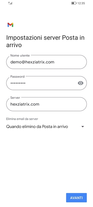 Inserisci Nome utente e l'indirizzo del server di posta in arrivo. Seleziona AVANTI