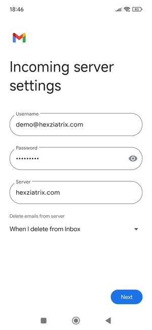 Enter Username and Incoming server address. Select Next