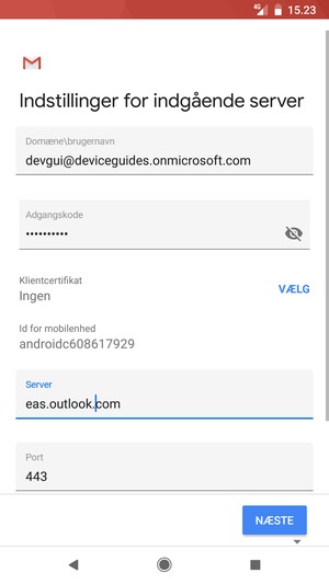 Indtast Brugernavn og Exchange serveradresse. Vælg NÆSTE