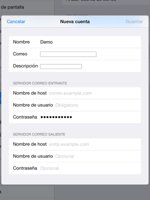 Introduzca la información correo para el SERVIDOR CORREO SALIENTE y seleccione Guardar