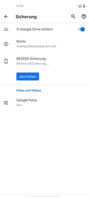 Gehen Sie zurück zum Sicherung Menü und wählen Sie Konto