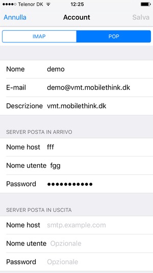Seleziona POP o IMAP e inserisci le informazioni email per SERVER POSTA IN ARRIVO