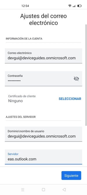 Introduzca Nombre de usuario y la dirección de servidor Exchange. Seleccione Siguiente