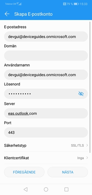 Ange Exchange serveradress och välj NÄSTA