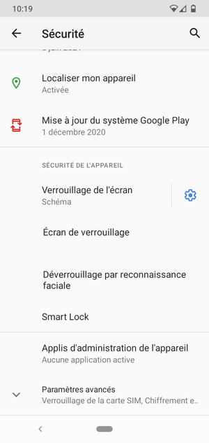 Pour modifier le code PIN de la carte SIM, faites défiler et sélectionnez Préférences avancées
