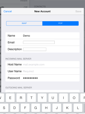 Select POP or IMAP and enter email information for INCOMING MAIL SERVER