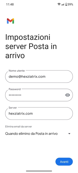 Inserisci Nome utente e l'indirizzo del server di posta in arrivo. Seleziona Avanti