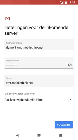Voer Gebruikersnaam en binnenkomend serveradres in. Selecteer VOLGENDE