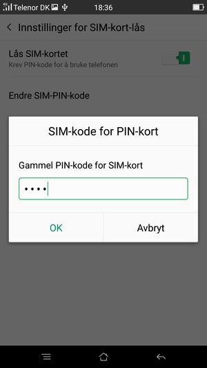 Skriv inn Gammel PIN-kode for SIM-kort og velg OK