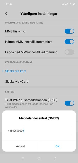 Ange Meddelandecentral (SMSC)-numret och välj OK