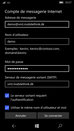Saisissez l'adresse du serveur sortant