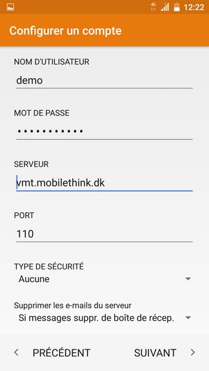 Saisissez votre NOM D'UTILISATEUR et l'adresse du serveur entrant. Sélectionnez SUIVANT