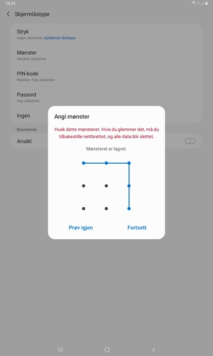 Tegn et opplåsingsmønster og velg Fortsett
