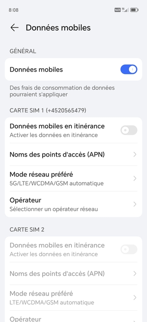 Faites défiler jusqu'à Carte SIM 1 ou Carte SIM 2 et sélectionnez Mode réseau préféré