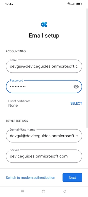 Enter Username and Exchange server address. Select Next
