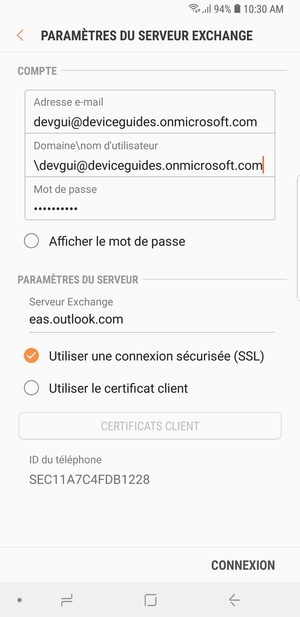Saisissez votre Nom d'utilisateur et l'adresse du serveur Exchange. Sélectionnez CONNEXION