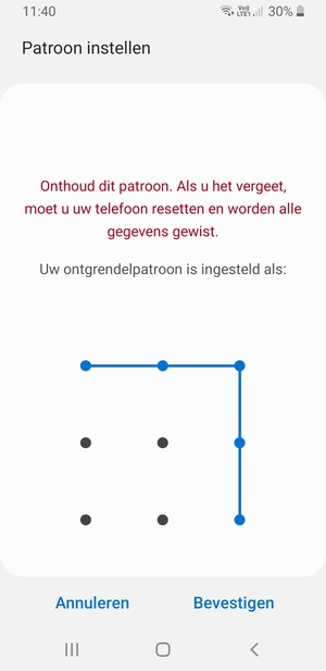 Teken het ontgrendelingspatroon nogmaals en selecteer Bevestigen