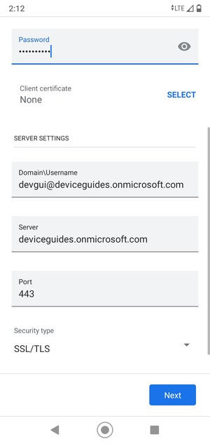 Enter Username and Exchange server address. Select Next