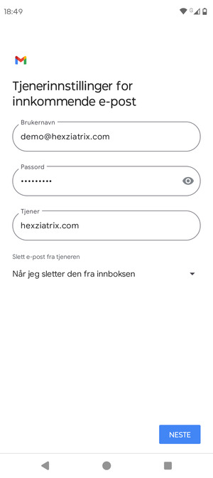 Skriv inn Brukernavn og innkommende serveradresse. Velg NESTE
