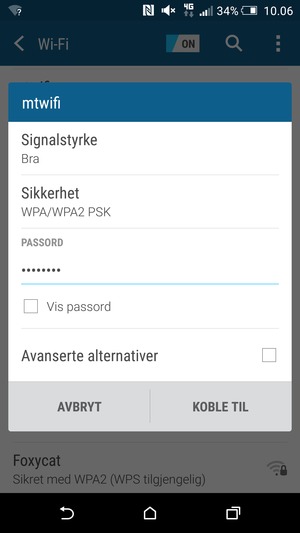 Skriv inn Wi-Fi-passord og velg KOBLE TIL