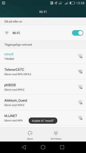 Du er nå koblet til Wi-Fi-nettverket
