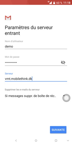 Saisissez votre Nom d'utilisateur et l'adresse du serveur entrant. Sélectionnez SUIVANTE