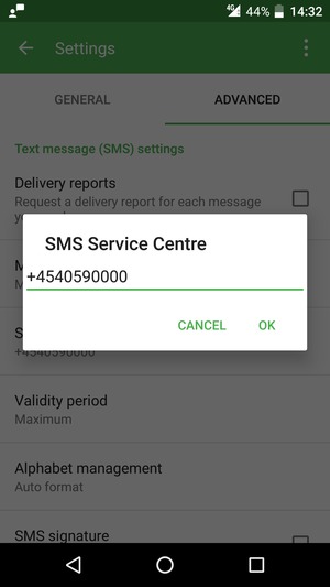 Enter the SMS Service Centre number and select OK