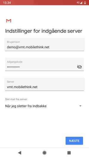 Indtast Brugernavn og indgående serveradresse. Vælg NÆSTE