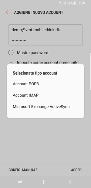 Seleziona Account POP3 o Account IMAP