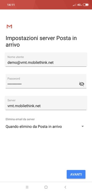 Inserisci Nome utente e l'indirizzo del server di posta in arrivo. Seleziona AVANTI
