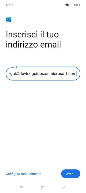 Inserisci il tuo indirizzo email e seleziona Configura manualmente