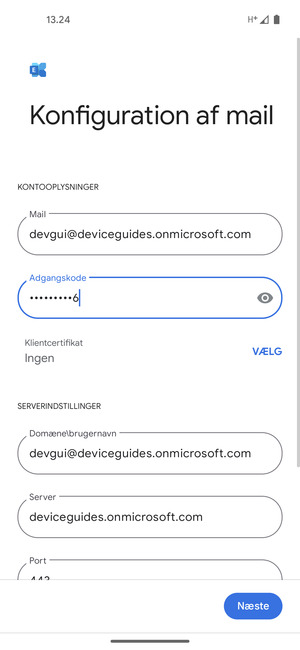Indtast Brugernavn og Exchange serveradresse. Vælg Næste