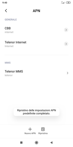 Le impostazioni del tuo telefono saranno ripristinate secondo le impostazioni internet e MMS predefinite