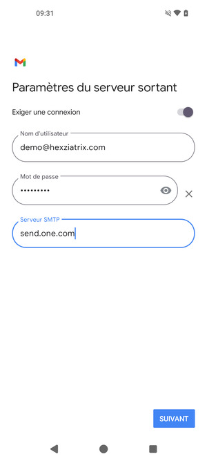 Saisissez l'adresse du serveur sortant et sélectionnez SUIVANT