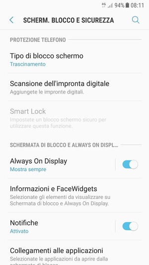Per attivare il blocco dello schermo, vai al menu Scherm. blocco e sicurezza e seleziona Tipo di blocco schermo