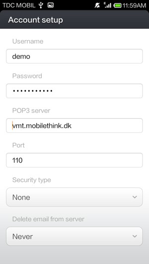 Enter Username and Incoming server address