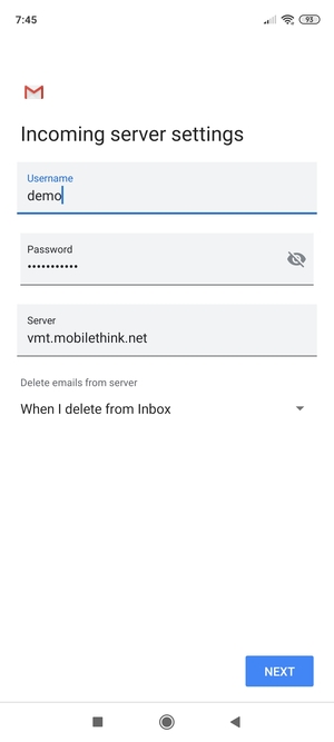 Enter Username and Incoming server address. Select NEXT