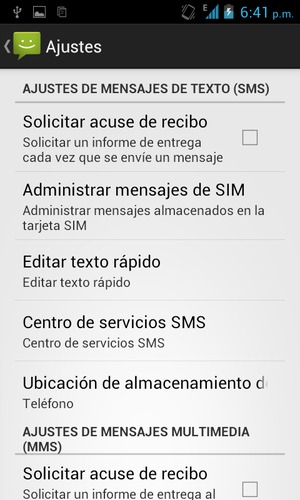 Desplacése y seleccione Centro de servicios SMS