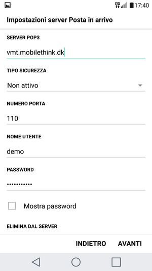 Inserisci l'indirizzo del server arrivo e Nome utente. Seleziona AVANTI