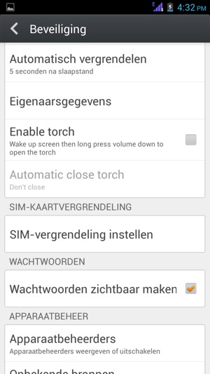 Om de pin voor de simkaart te wijzigen, keert u terug naar het menu Beveiliging en selecteert u SIM-vergrendeling instellen