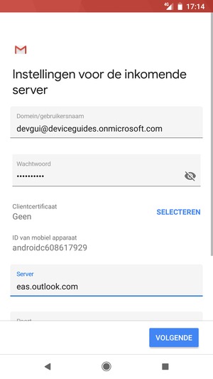 Voer Gebruikersnaam en Exchange serveradres in. Selecteer VOLGENDE
