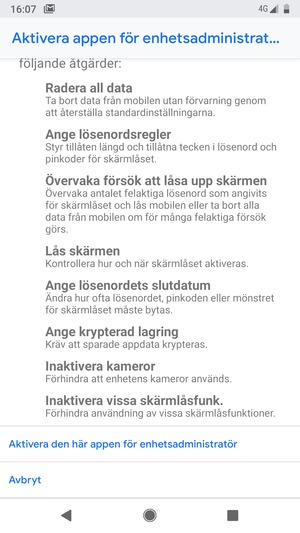 Scrolla till och välj Aktivera den här appen för enhetsadministratör