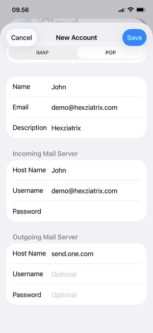 Enter email information for Outgoing Mail Server and select Save