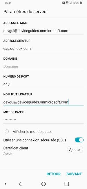 Saisissez l'adresse du serveur Exchange et le Nom d'utilisateur. Sélectionnez SUIVANT