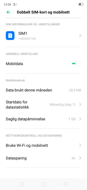 Velg SIM1 eller SIM2