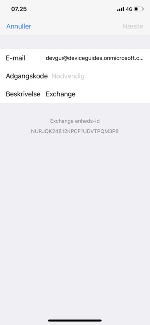 Indtast Exchange e-mail oplysninger og vælg Næste