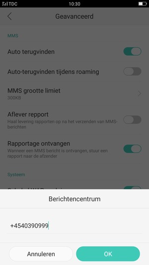 Voer het Berichtencentrum nummer in en selecteer OK